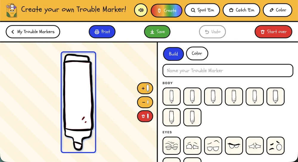 Create your own Trouble Marker — build screen with bodies and eyes to choose
